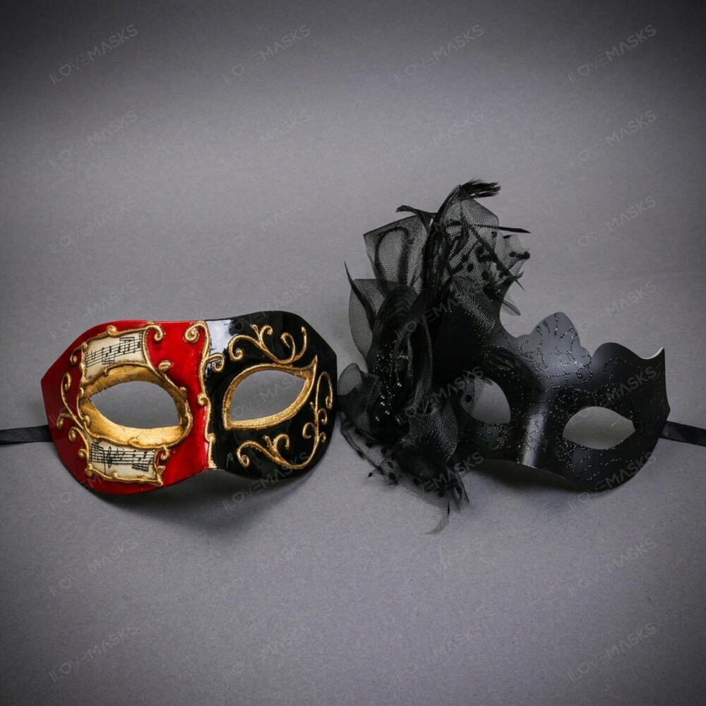 Music Feather Venetian Masquerade Halloween Party mask Red Black